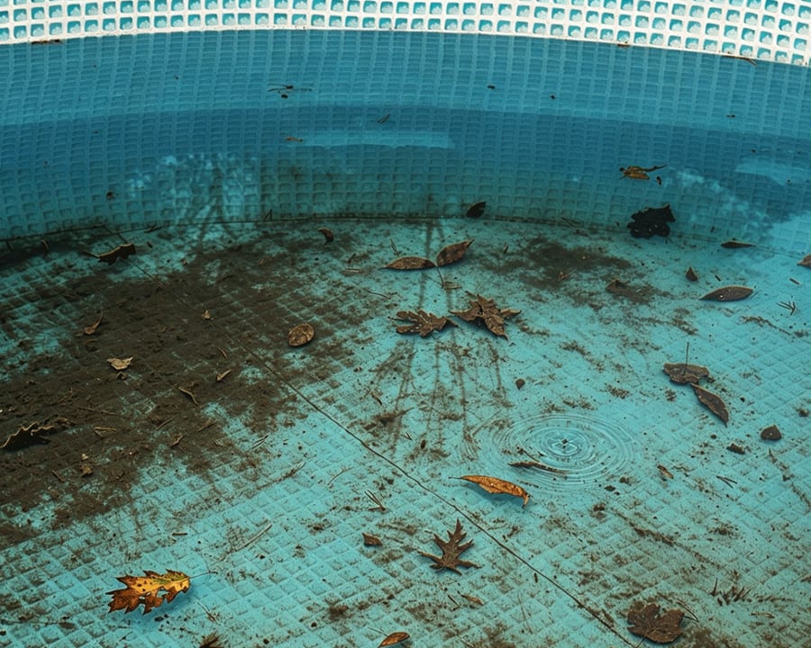 Fond de piscine sale, feuilles et dépôts